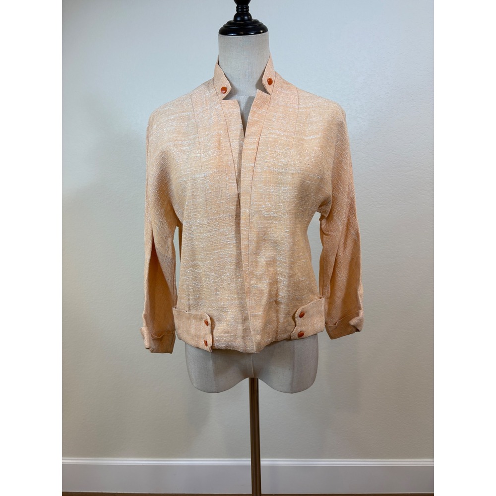 vtg 50s Jacket Women M Peach Slub Texture Open Front Cropped Mod Rockabilly